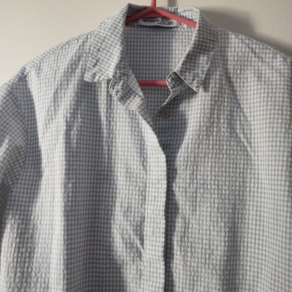 MES SOEURS & MOI Blue White Gingham Seersucker Cotton Blouse M - Picture 2 of 5